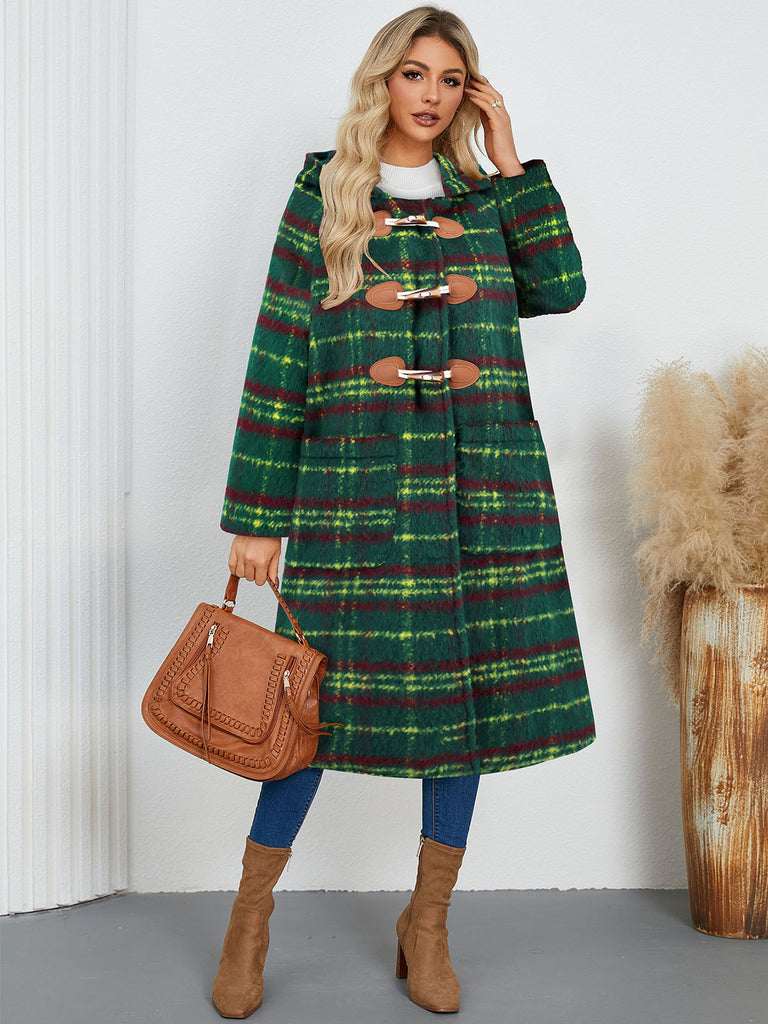 Green 1950s Gingham Plaid Hooded Coat - vintage fashion, retro style