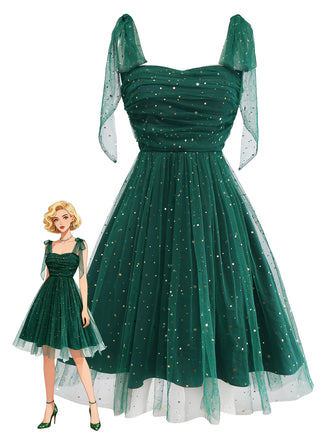 She slips into this Green 1950s Glitter Shoulder Tie Ruched Dress and suddenly it's a 1950s daydream