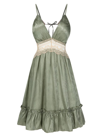 She slips into this Green 1950s Guipure Lace Ruffled Hem Nightgown and suddenly it's a 1950s daydream