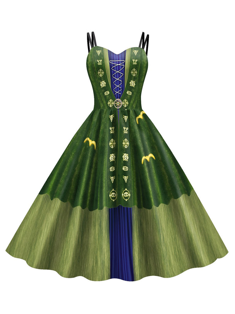 She slips into this Green 1950s Halloween Double Straps Patchwork Dress and suddenly it's a 1950s daydream
