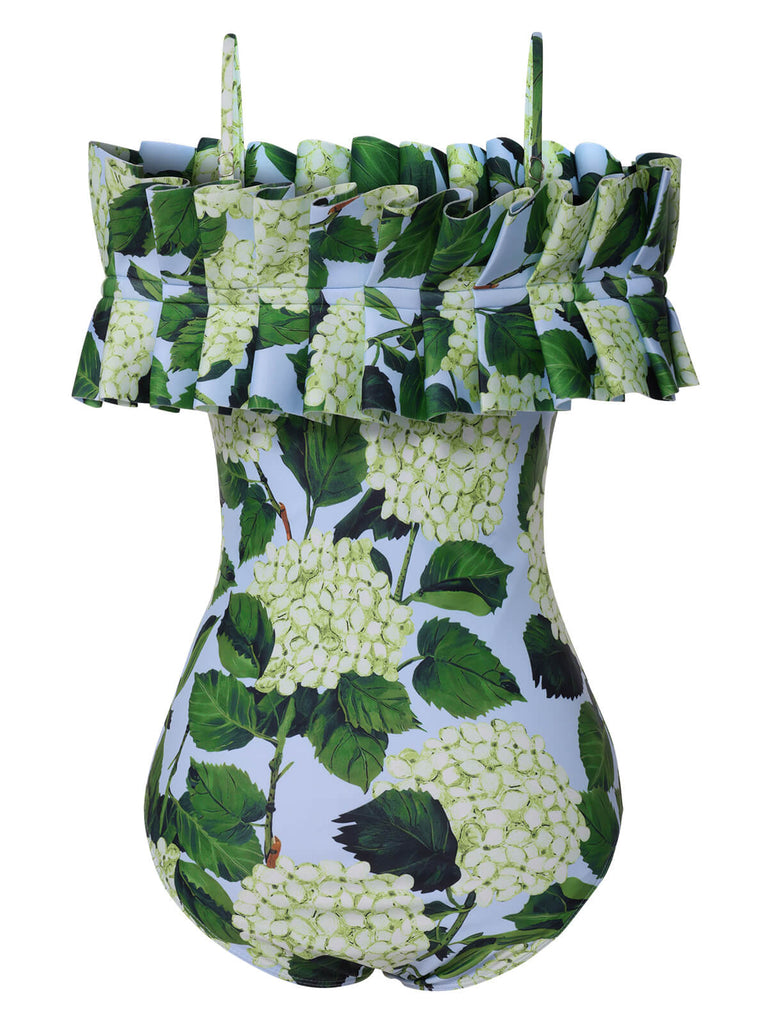 Green 1950s Hydrangea Floral Cold-Shoulder Swimsuit, vintage swimsuit, pin-up swimwear - perfect for women who love vintage and retro fashion