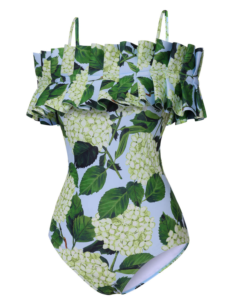 Green 1950s Hydrangea Floral Cold-Shoulder Swimsuit, vintage swimsuit, pin-up swimwear - perfect for women who love vintage and retro fashion