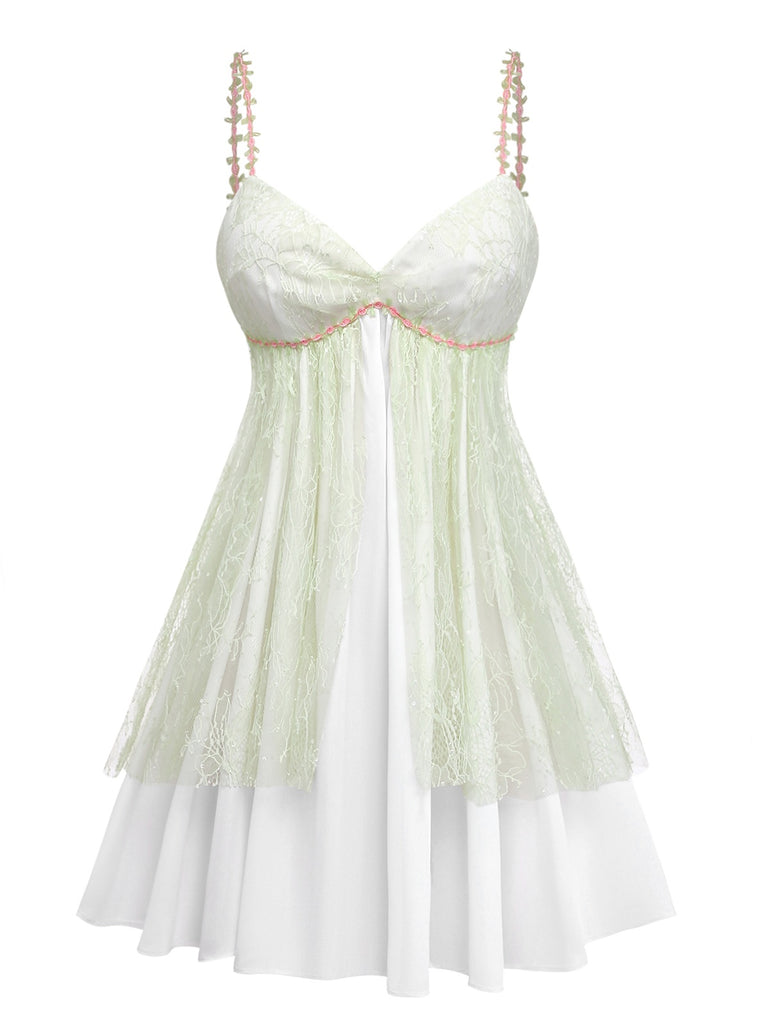 Green 1950s Lace Rose Strap Double Layer Nightdress: beautiful vintage dress, retro fashion, elegant style with timeless appeal