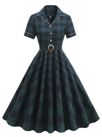She slips into this Green 1950s Lapel Plaids Swing Dress and suddenly it's a 1950s daydream