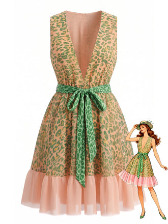 Green 1950s Leopard Sleeveless V-Neck Tie-Waist Tulle Dress - vintage dress, retro fashion, rockabilly, pin-up fashion for vintage lovers
