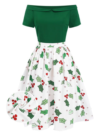 She slips into this Green 1950s Off-Shoulder Christmas Patchwork Dress and suddenly it's a 1950s daydream
