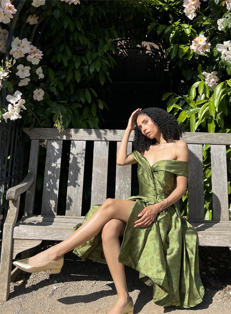 Green 1950s Off-Shoulder Vintage Dress — vintage elegance for the modern woman