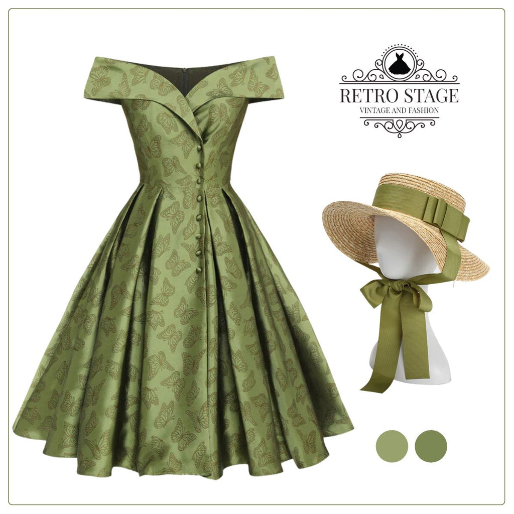 old navy green off shoulder dress Retro Stage Cocktail Dress Off-Shoulder Butterfly Swing Dress Green