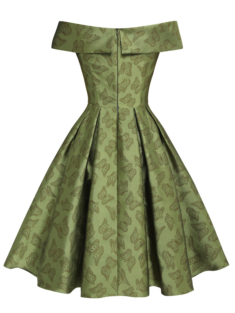 Retro Stage Cocktail Dress Off-Shoulder Butterfly Swing Dress Green Retro Stage Cocktail Dress Off-Shoulder Butterfly Swing Dress Green