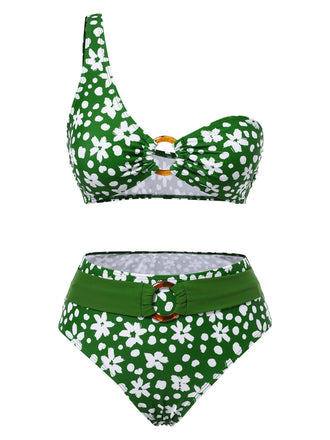 Green 1950s One-Shoulder Floral Bikini Set - vintage fashion, retro style