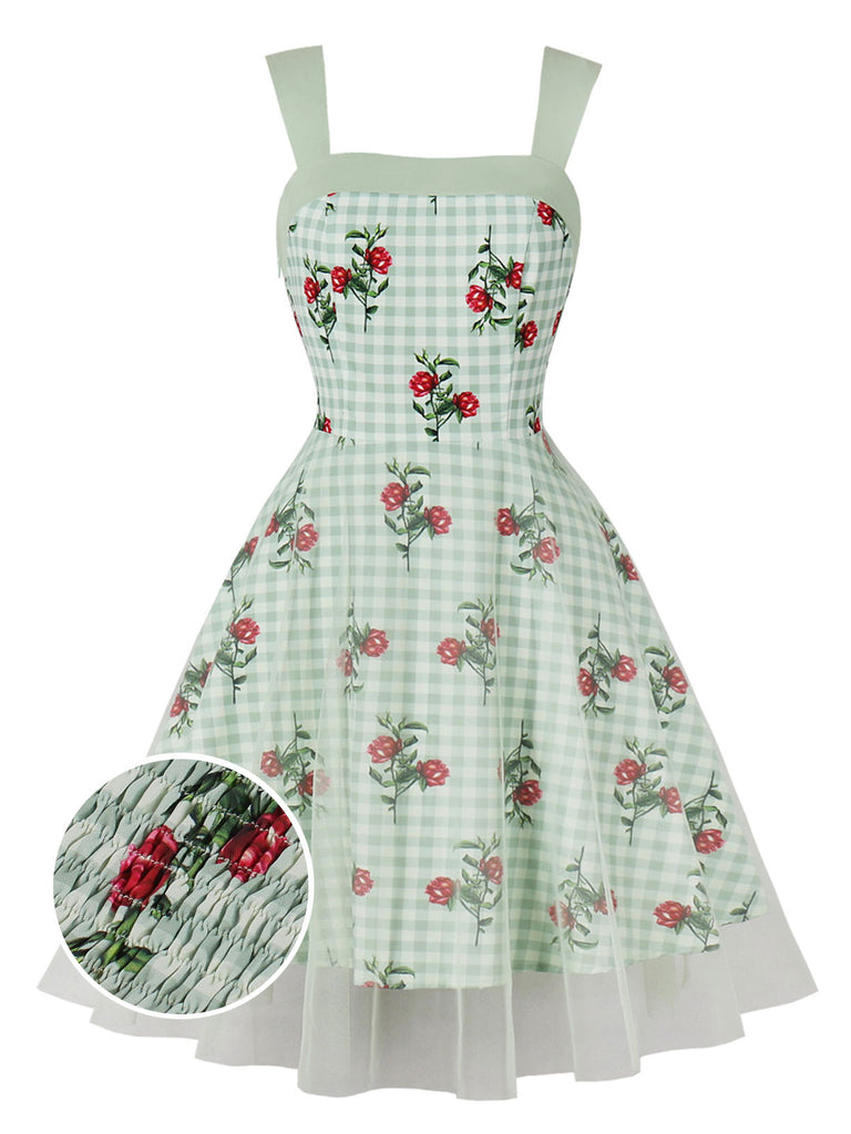 Green 1950s Plaid Floral Mesh Patchwork Dress, vintage dress, retro fashion, rockabilly, pin-up fashion - perfect for women who love vintage and retro fashion