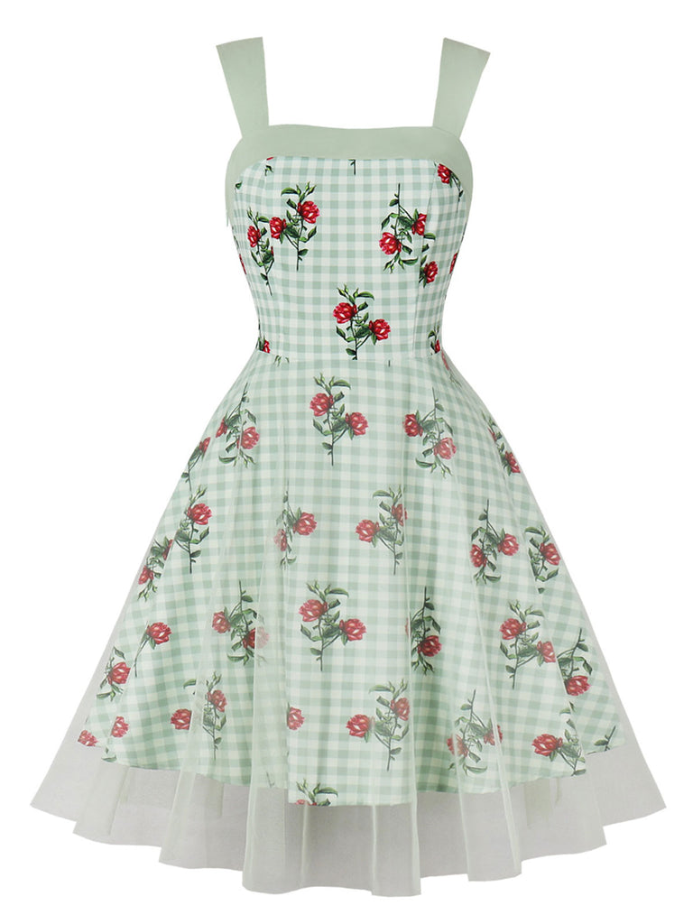 Green 1950s Plaid Floral Mesh Patchwork Dress, vintage dress, retro fashion, rockabilly, pin-up fashion - perfect for women who love vintage and retro fashion