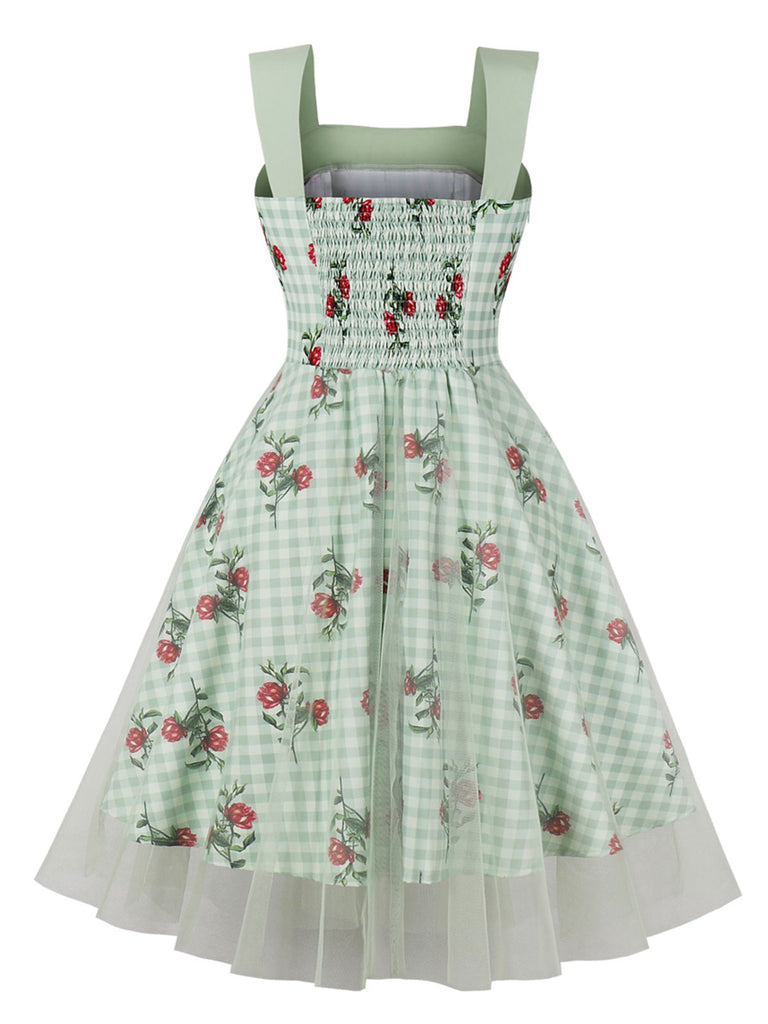 Green 1950s Plaid Floral Mesh Patchwork Dress, vintage dress, retro fashion, rockabilly, pin-up fashion - perfect for women who love vintage and retro fashion
