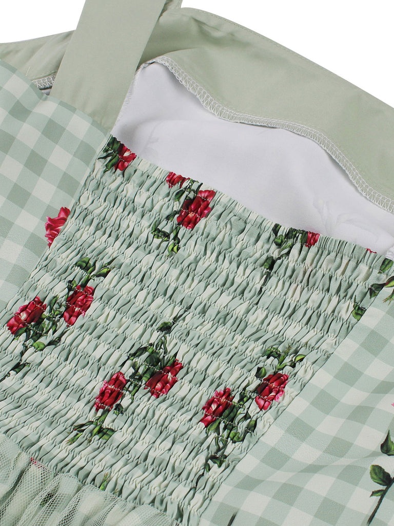Green 1950s Plaid Floral Mesh Patchwork Dress, vintage dress, retro fashion, rockabilly, pin-up fashion - perfect for women who love vintage and retro fashion