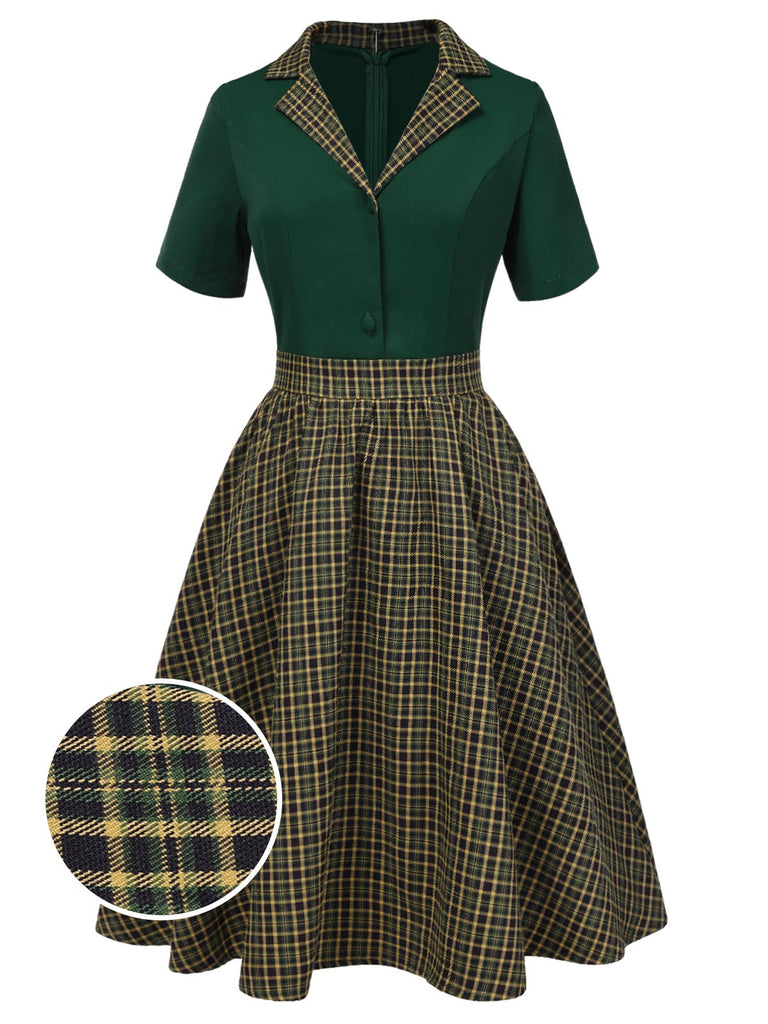Green 1950s Plaid Patchwork Lapel Dress | Retro Stage Green 1950s Plaid Patchwork Lapel Dress | Retro Stage