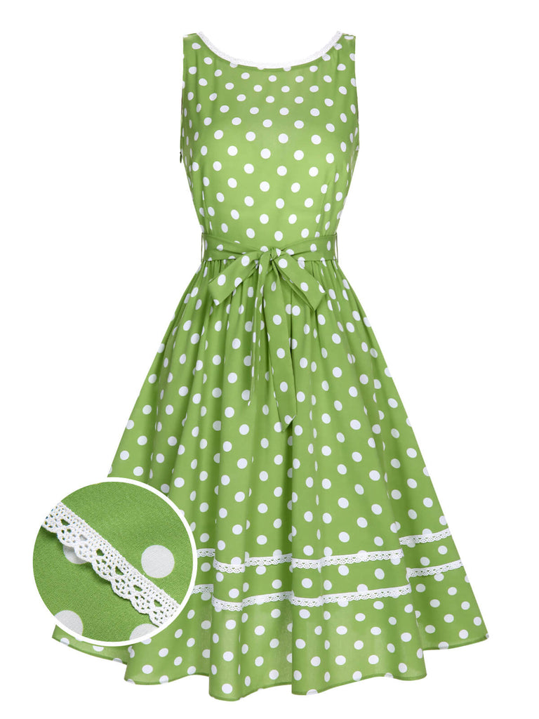 Retro Stage Vintage Women 1950s Rockabilly Swing Dress Pinup 50s Retro Green Polka Dots A-Line Dresses