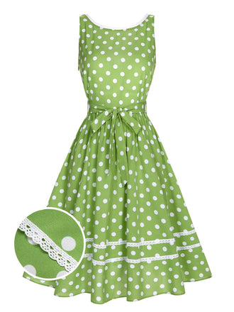 Green 1950s Polka Dot Lace Binding Dress, vintage dress, retro fashion, rockabilly, pin-up fashion - perfect for women who love vintage and retro fashion