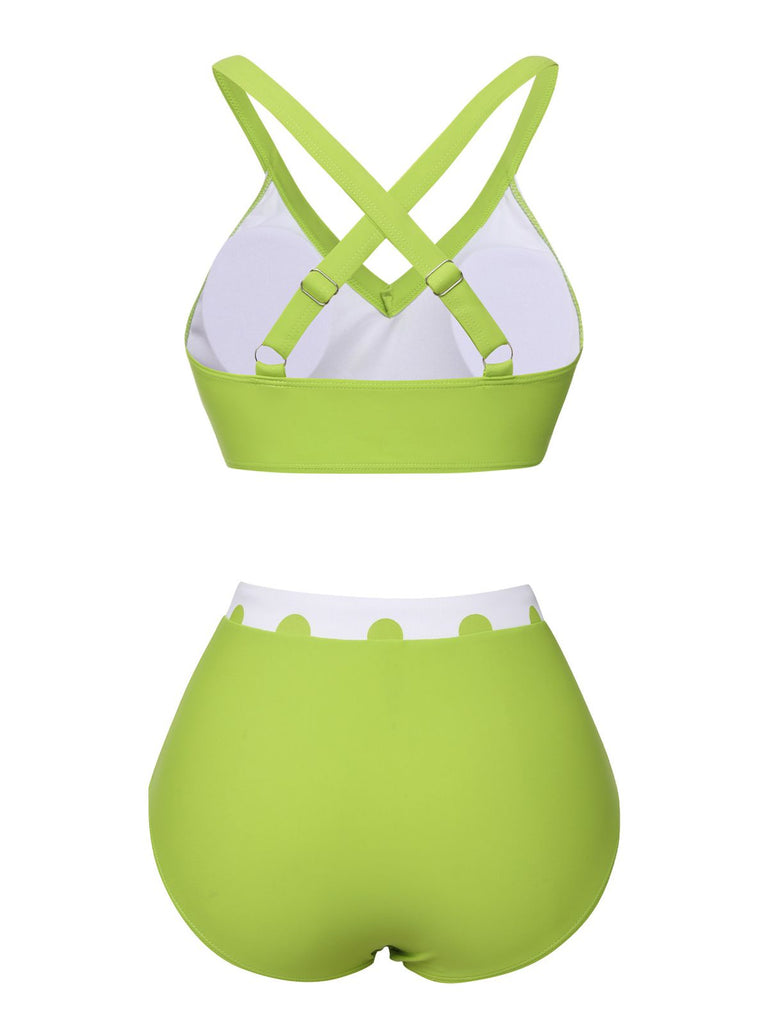 Green 1950s Polka Dot V-Neck Swimsuit, vintage swimsuit, pin-up swimwear - perfect for women who love vintage and retro fashion