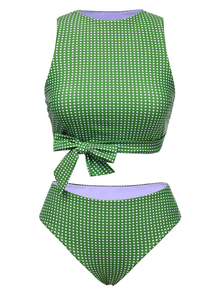 She's wearing Green 1950s Polka Dots Bow Swimsuit and the whole beach remembers the 1950s