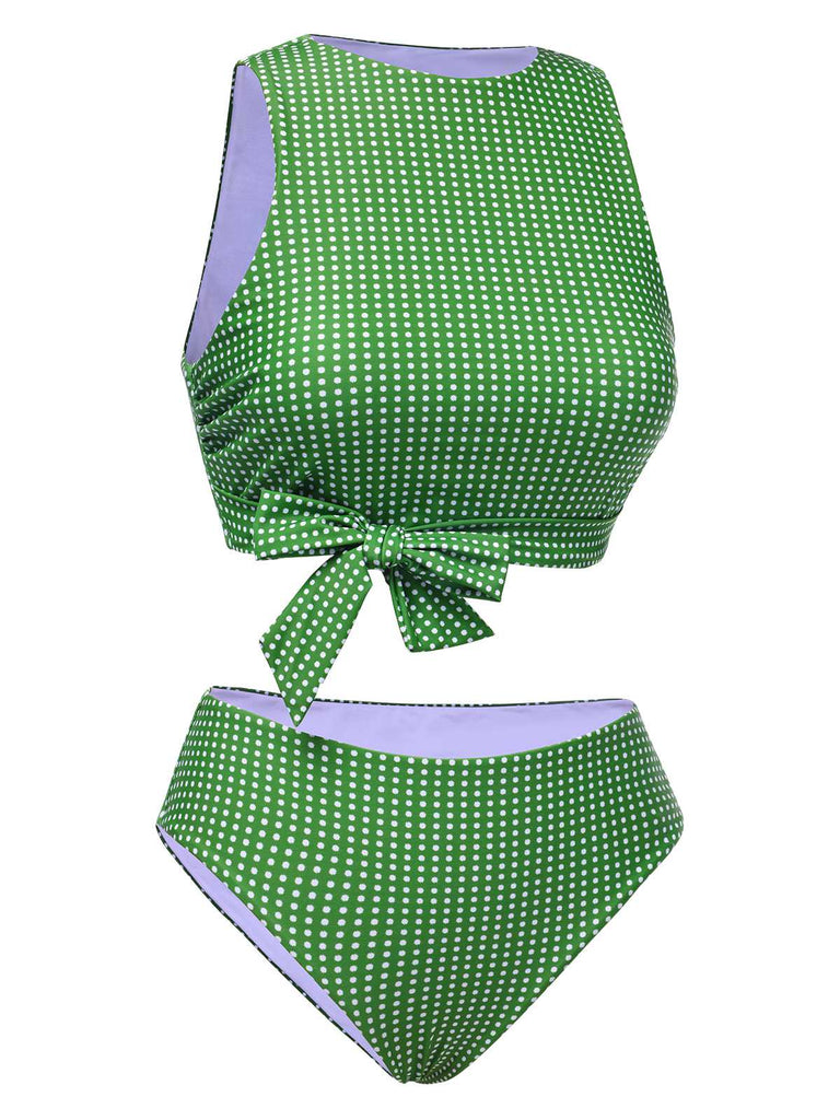 Green 1950s Polka Dots Bow Swimsuit: 1950s Riviera elegance, reimagined for her