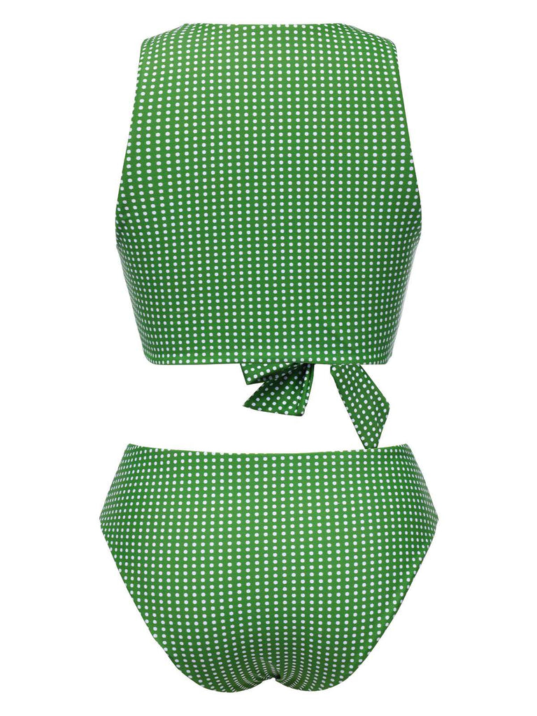 This Green 1950s Polka Dots Bow Swimsuit carries 1950s vacation dreams in every stitch