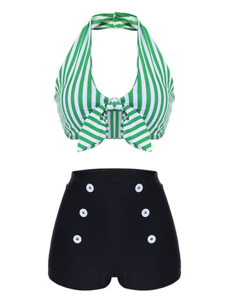 Green 1950s Retro Halter Stripes Bikini Set - vintage fashion, retro style