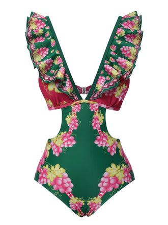 Green 1950s Retro-Flowers V-Neck Swimsuit, vintage swimsuit, pin-up swimwear - perfect for women who love vintage and retro fashion