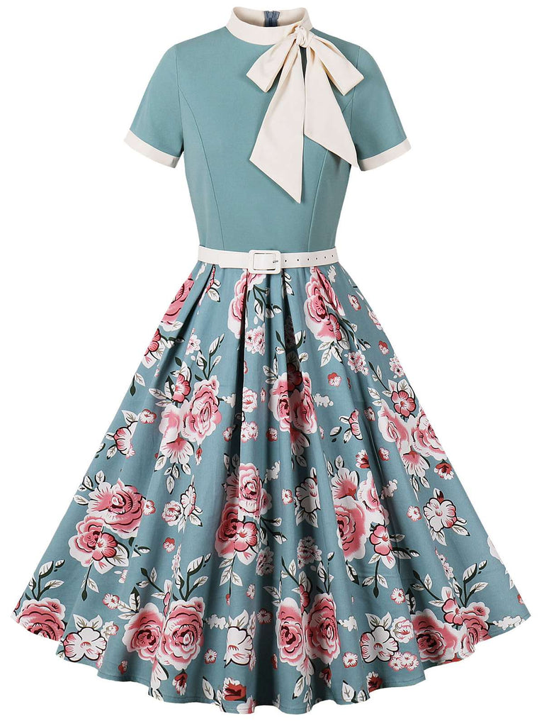 Green 1950s Rose Patchwork Tie Collar Dress, vintage dress, retro fashion, rockabilly, pin-up fashion - perfect for women who love vintage and retro fashion