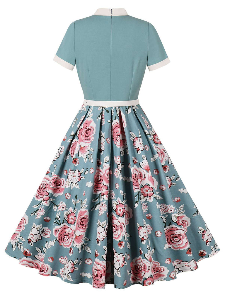 Green 1950s Rose Patchwork Tie Collar Dress, vintage dress, retro fashion, rockabilly, pin-up fashion - perfect for women who love vintage and retro fashion