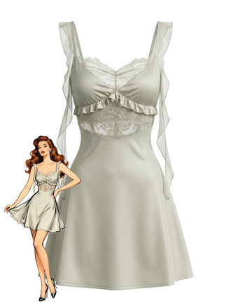 Green 1950s Ruffle Lace Satin Patchwork Sheer Waist Nightgown, vintage fashion, retro style, rockabilly, pin-up fashion - vintage inspired fashion