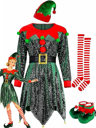Green 1950s Sequin Christmas Elf Costume Set - vintage fashion, retro style