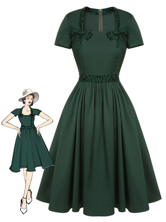 Green 1950s Solid Bow Square Collar Dress, vintage dress, retro fashion, rockabilly, pin-up fashion - perfect for women who love vintage and retro fashion