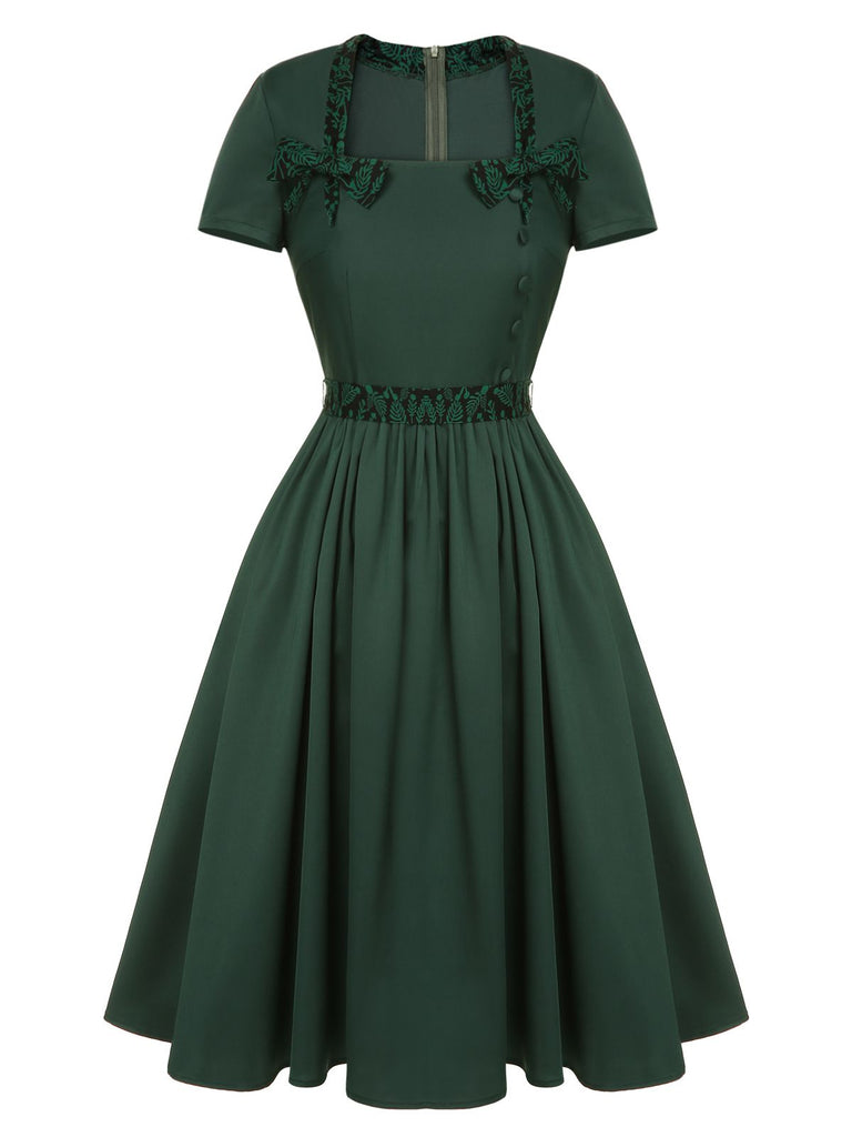 slim fit dress slacks Retro Stage A Line 1950s Bow Square Collar Swing Pinup Dress Dark Green, S