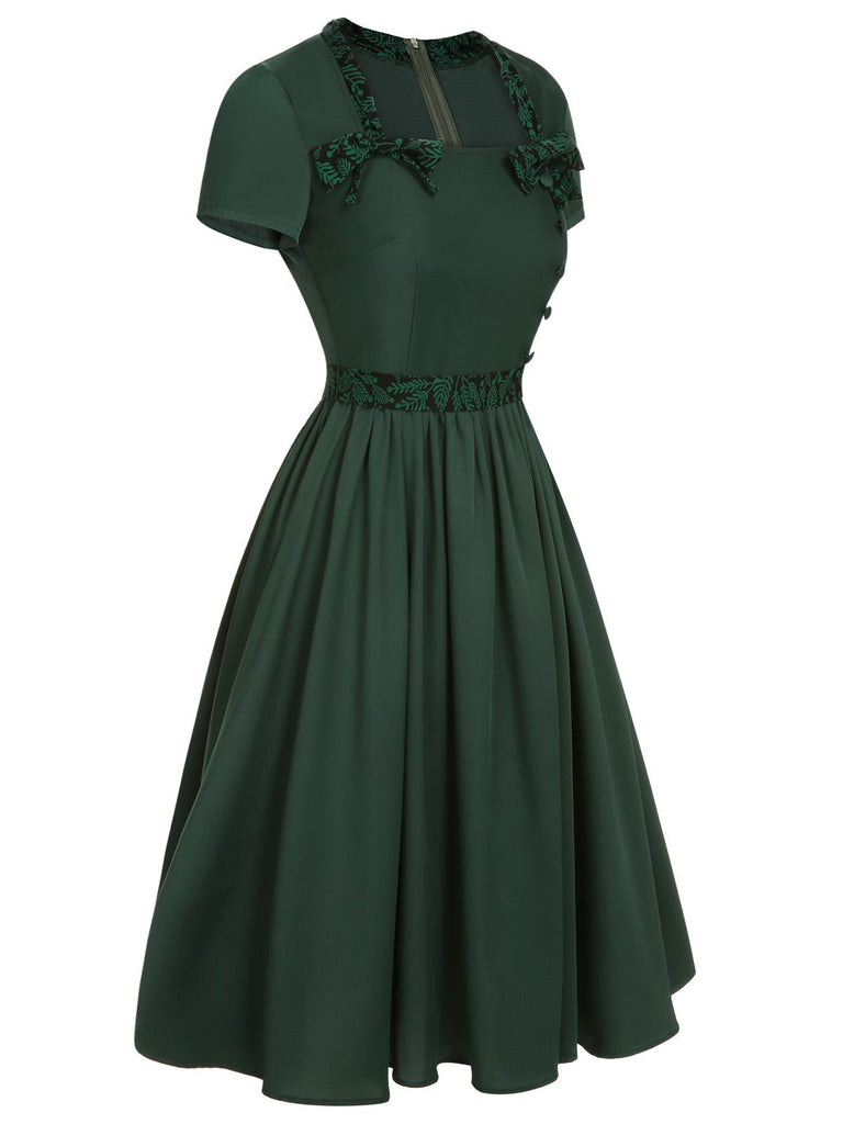 Retro Stage A Line 1950s Bow Square Collar Swing Pinup Dress Dark Green, S Retro Stage A Line 1950s Bow Square Collar Swing Pinup Dress Dark Green, S