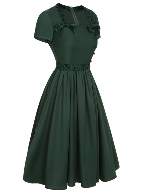 green collared dress Retro Stage A Line 1950s Bow Square Collar Swing Pinup Dark Green, S Size:18.5 2XL 36-37 Vera Wang Wedding Dresses: catching handkerchief hem to SALE ITEMS