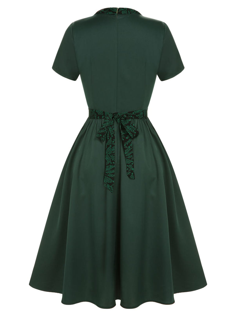 Retro Stage A Line 1950s Bow Square Collar Swing Pinup Dress Dark Green, S Retro Stage A Line 1950s Bow Square Collar Swing Pinup Dress Dark Green, S