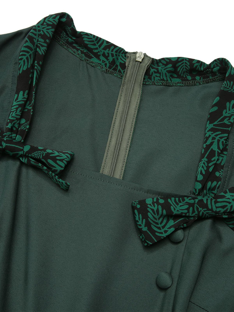 Green 1950s Solid Bow Square Collar Dress Green 1950s Solid Bow Square Collar Dress