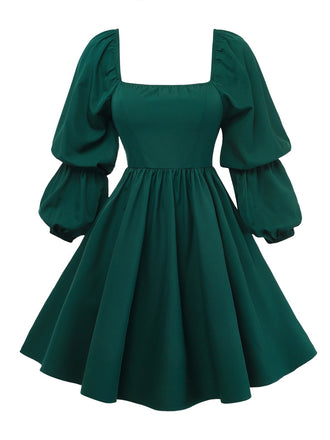 Green 1950s Solid Square Neck Puff Sleeve Dress - vintage dress, retro fashion, rockabilly