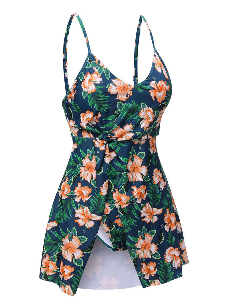 Green 1950s Spaghetti Strap Floral Swimsuit: 1950s Riviera elegance, reimagined for her