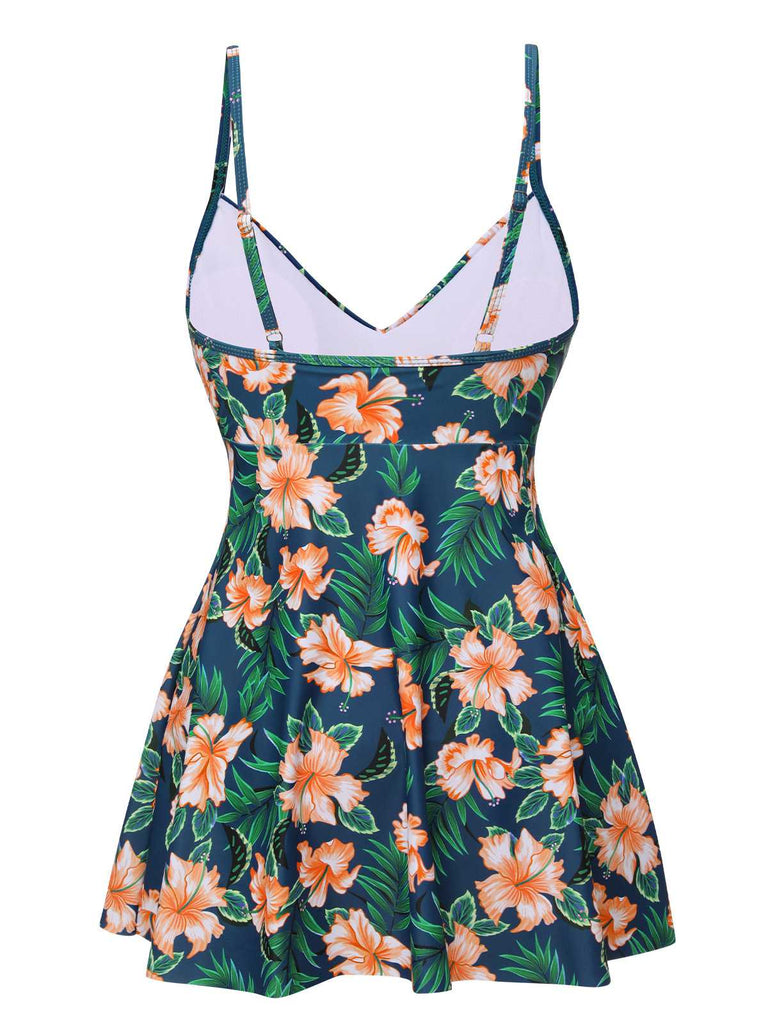 This Green 1950s Spaghetti Strap Floral Swimsuit carries 1950s vacation dreams in every stitch