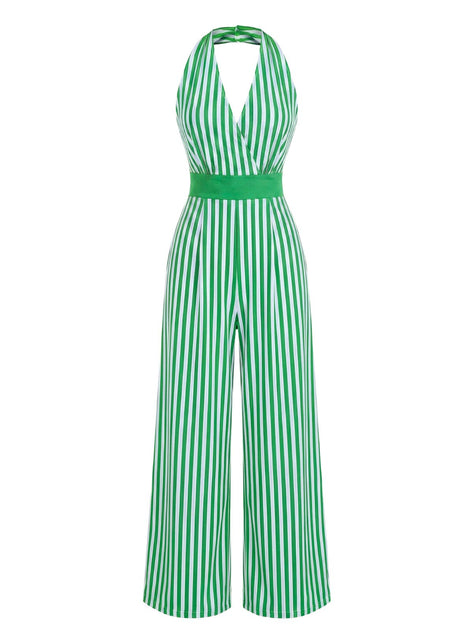 Green 1950s Striped Halter Wide Leg Jumpsuit