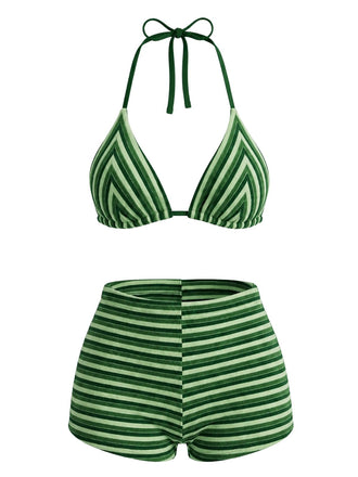 [Pre-Sale] Green 1950s Striped Terry Halter Bikini Set, vintage swimsuit, pin-up swimwear - perfect for women who love vintage and retro fashion