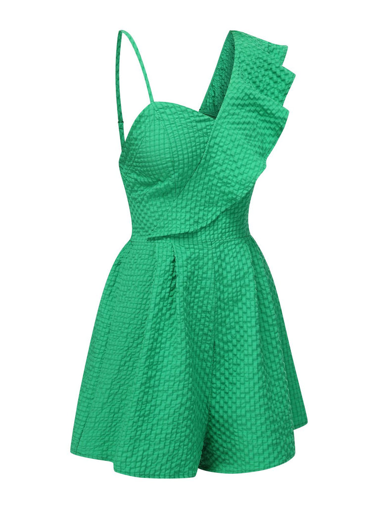 Retro Ruffle Bar Green 1950s Suspender Ruffle Sleeves Textured Romper | Retro Stage
