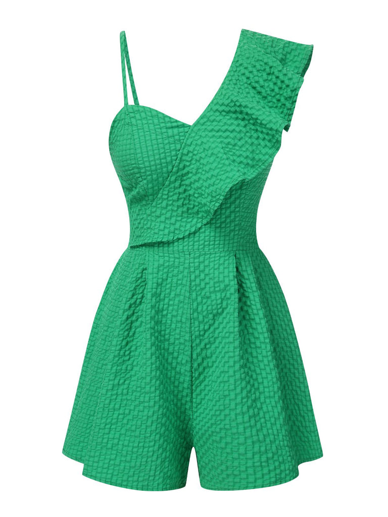 She finds her 1950s story in this Green 1950s Suspender Ruffle Sleeves Textured Romper