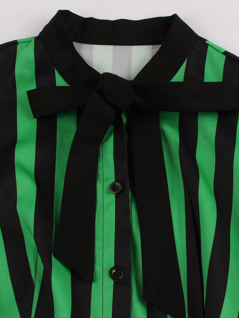 Green 1950s Tie Neck Button Black Stripes Dress — the kind of 1950s dress that makes strangers smile