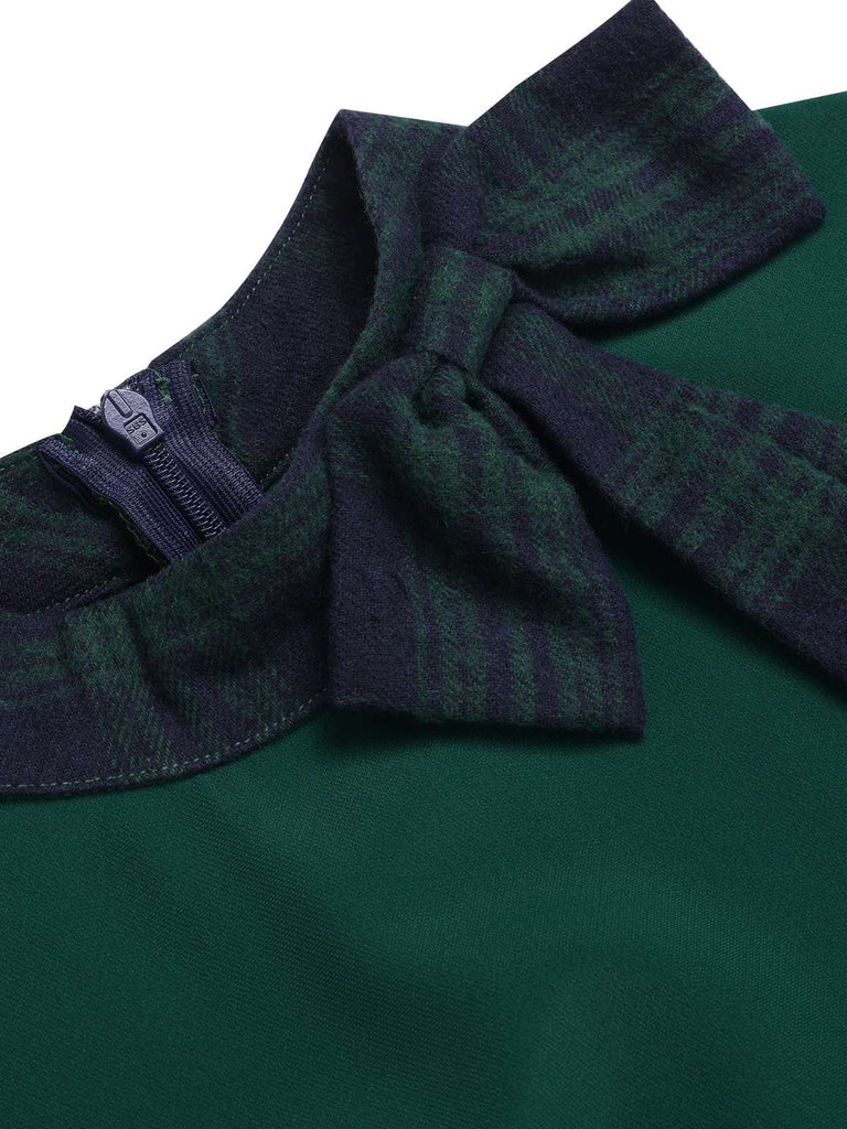 Green 1950s Tie Neck Plaids Patchwork Dress, vintage dress, retro fashion, rockabilly, pin-up fashion - perfect for women who love vintage and retro fashion