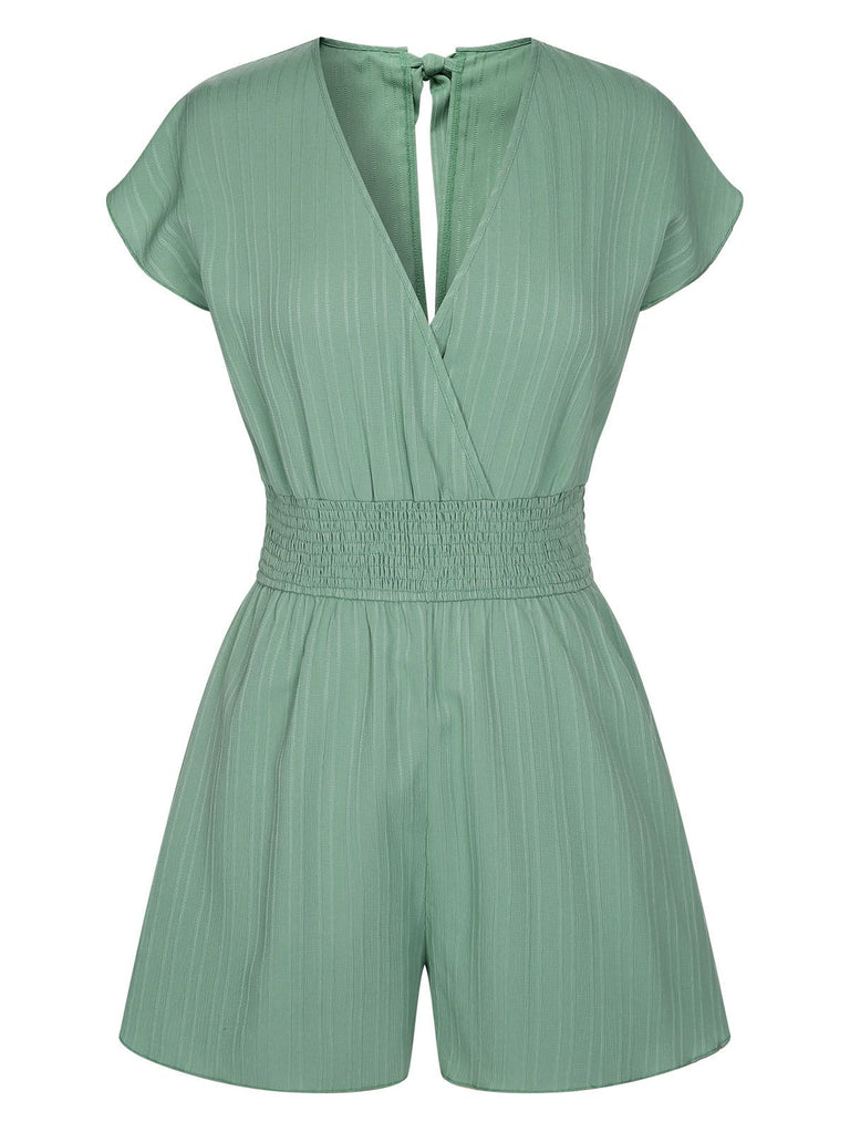 Green 1950s V-Neck Smocked Cap Sleeves Romper, vintage romper, retro jumpsuit - perfect for women who love vintage and retro fashion