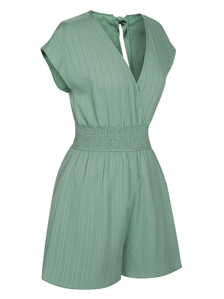 Green 1950s V-Neck Smocked Cap Sleeves Romper, vintage romper, retro jumpsuit - perfect for women who love vintage and retro fashion