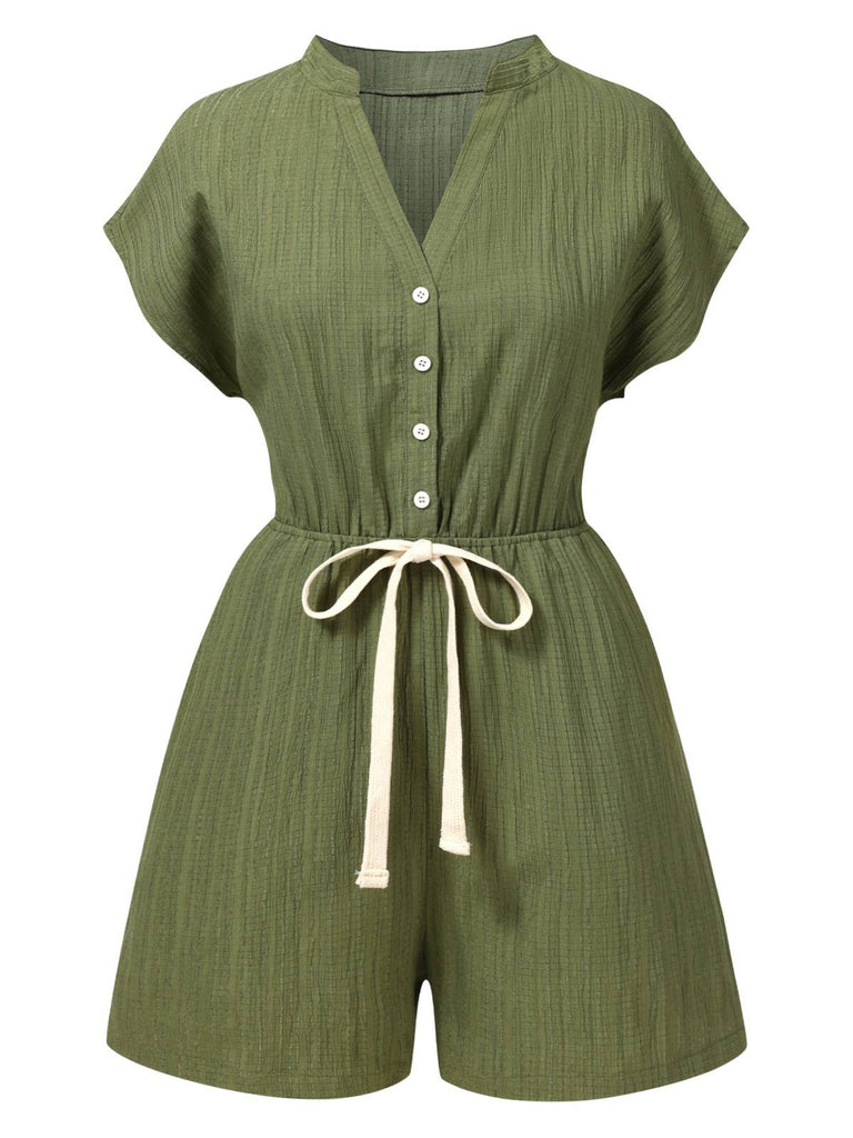 She finds her 1950s story in this Green 1950s V-Neck Textured Pocket Romper