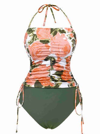She's wearing Green 1960s Bandeau Halter Floral Drawstring Swimsuit and the whole beach remembers the 1960s